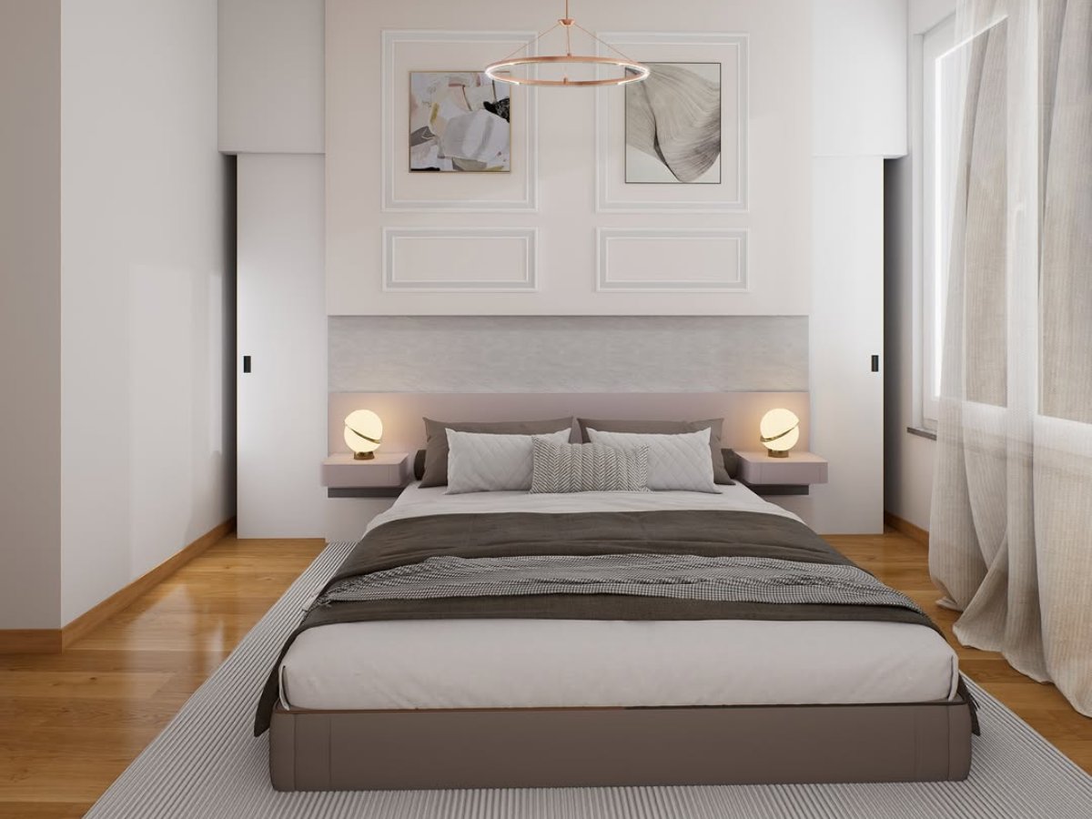 Render camera da letto matrimoniale con boiserie