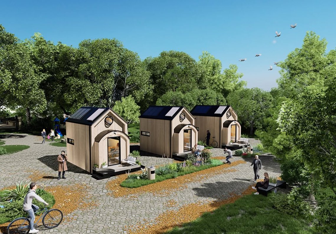 Render di villaggio di case ecosostenibili in legno