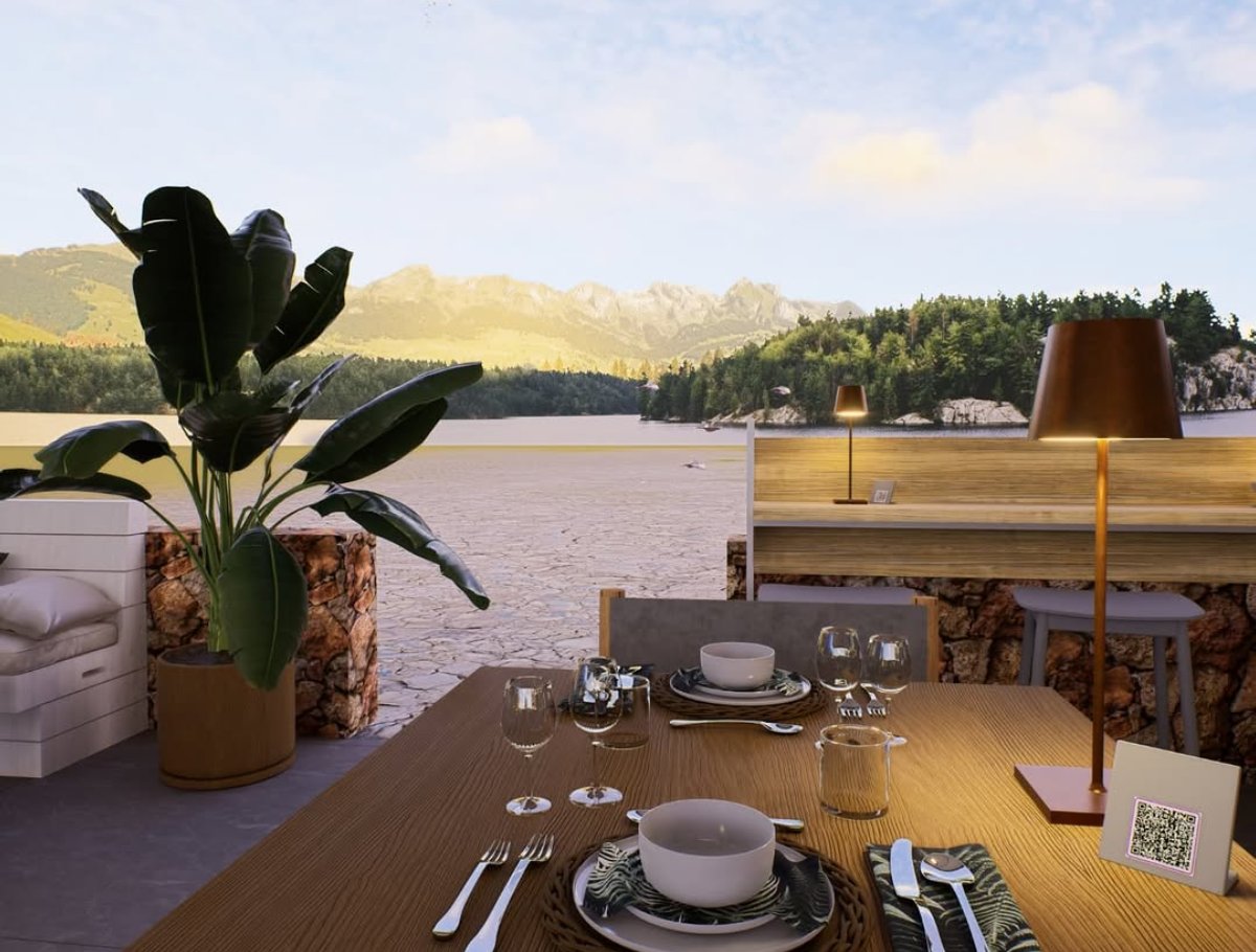 Render terrazza ristorante con vista lago