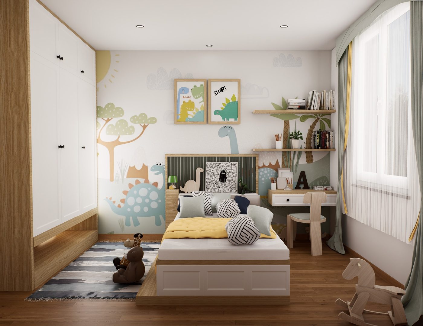 Render cameretta per bambini a tema dinosauri
