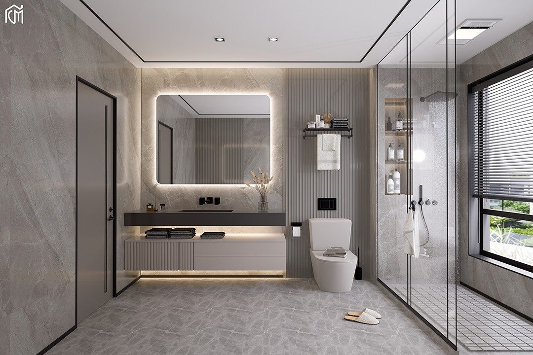 Render bagno moderno in gres effetto pietra