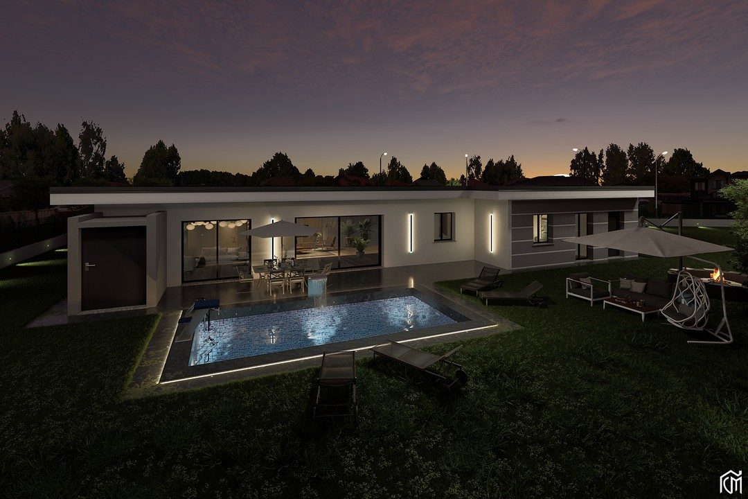 Render esterno villa con piscina in notturna