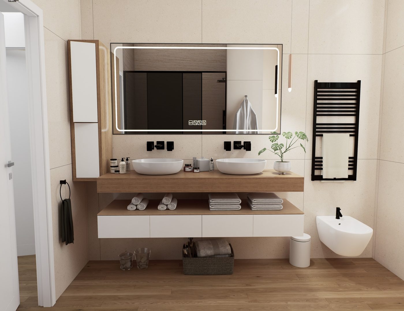 Render bagno con doppio lavabo e mobile sospeso