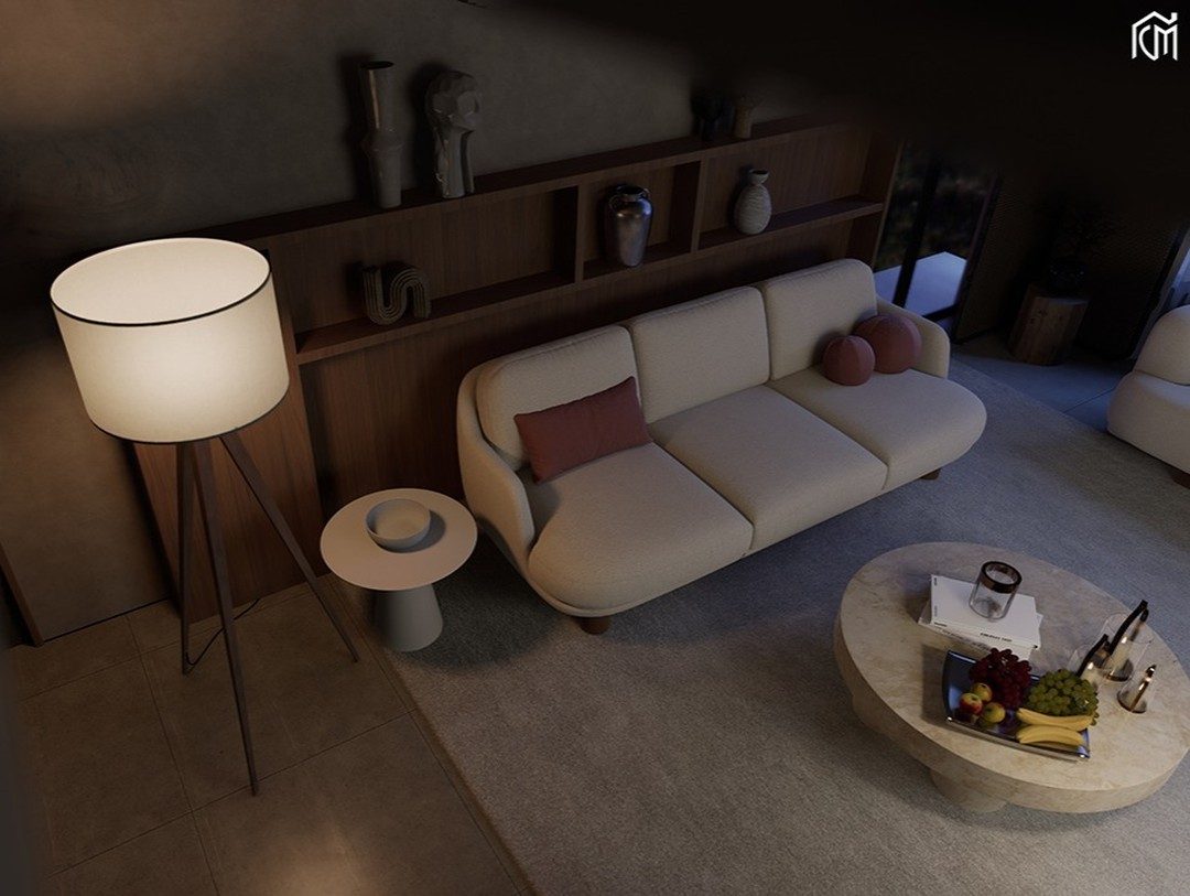 Render soggiorno con divano e lampada da terra