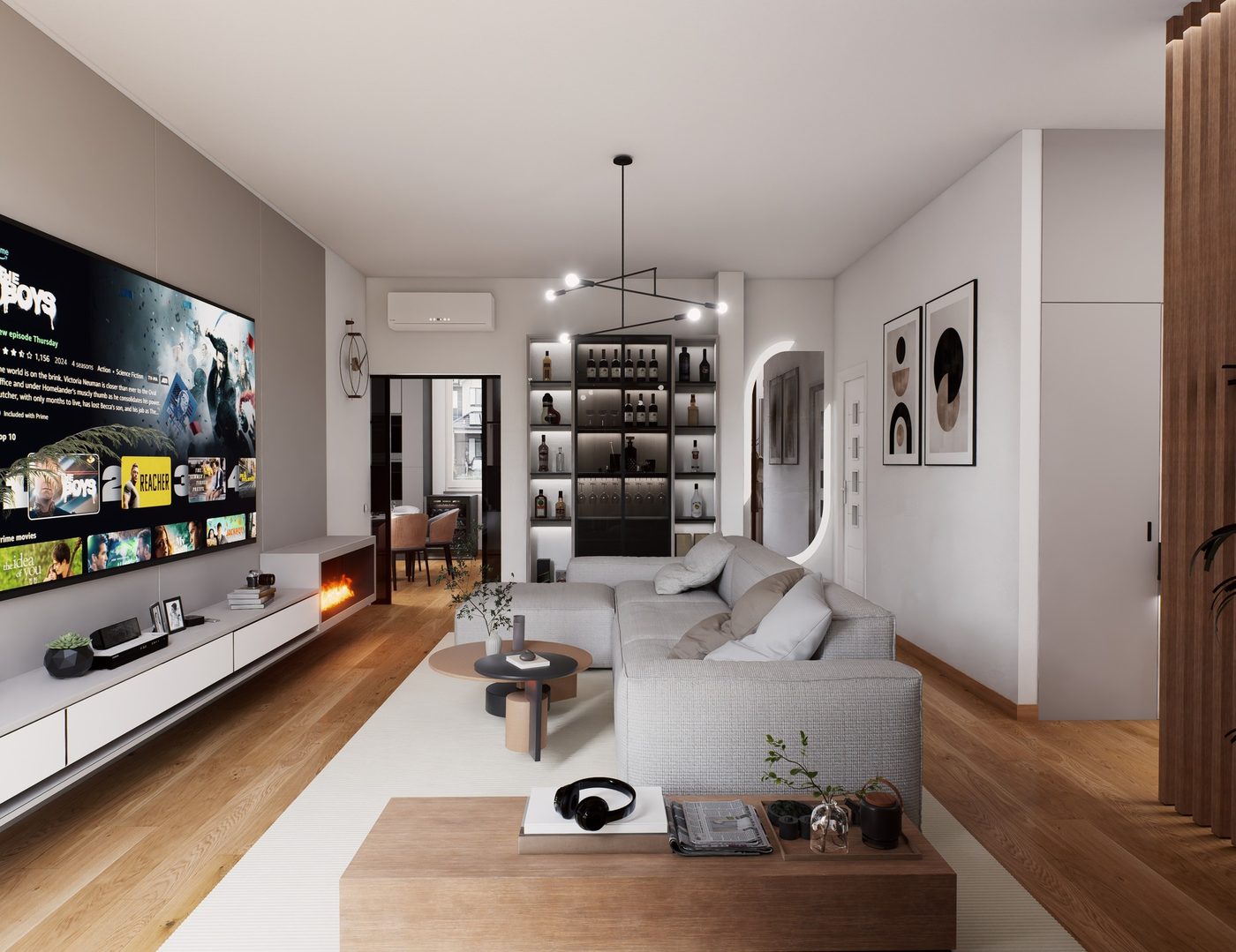 Render living con grande TV e parete attrezzata