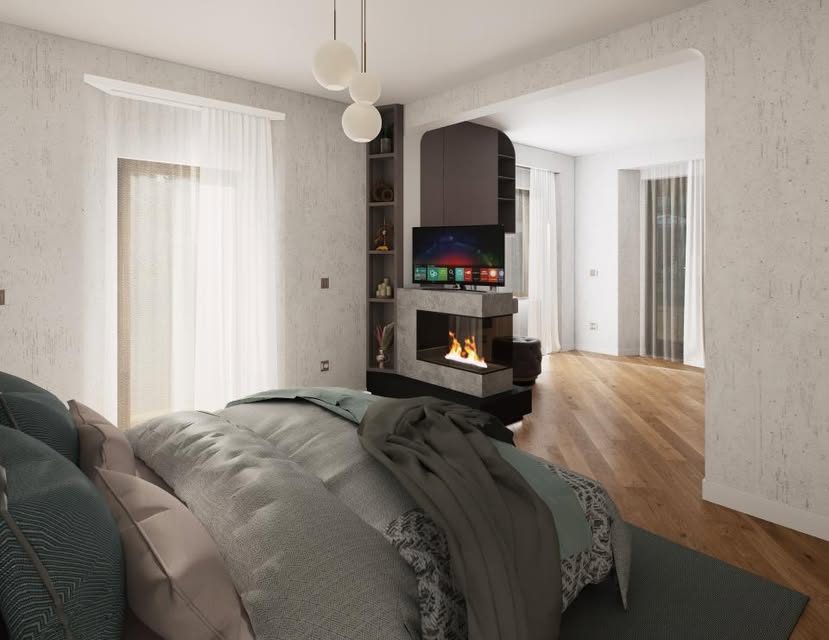 Render camera da letto con camino e TV