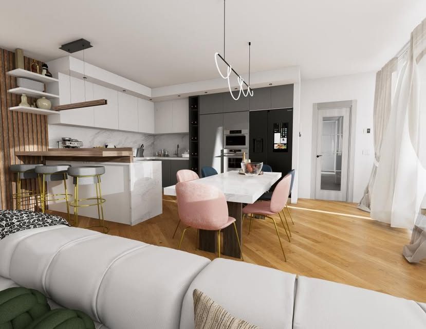 Render cucina open space con isola e zona pranzo