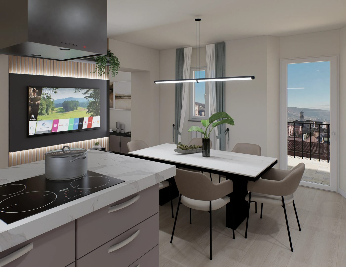 Render cucina con isola, zona pranzo e affaccio sul terrazzo