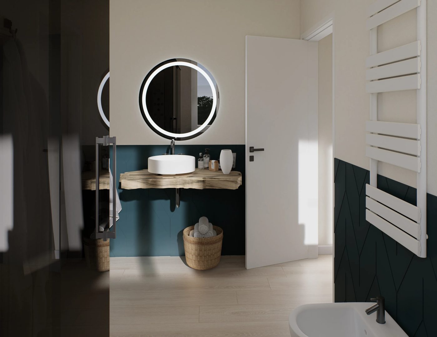 Render bagno con specchio retroilluminato e parete verde petrolio