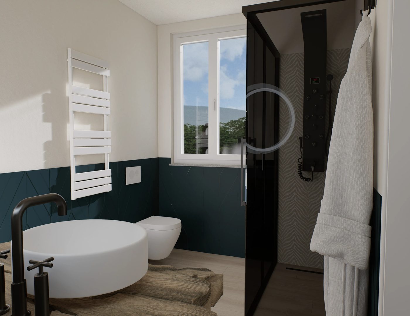 Render bagno con vasca tonda e box doccia