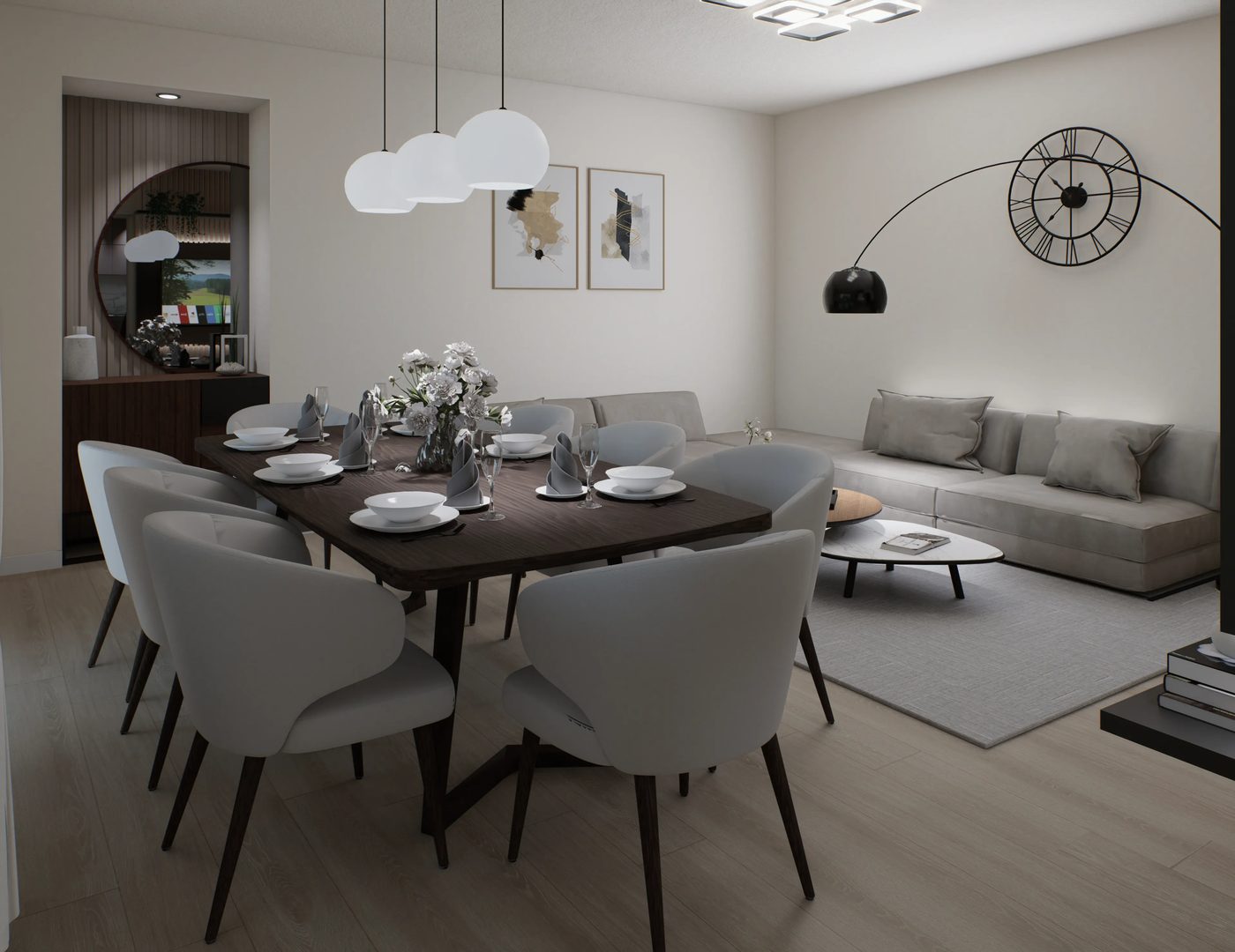 Render zona pranzo e soggiorno con tavolo apparecchiato