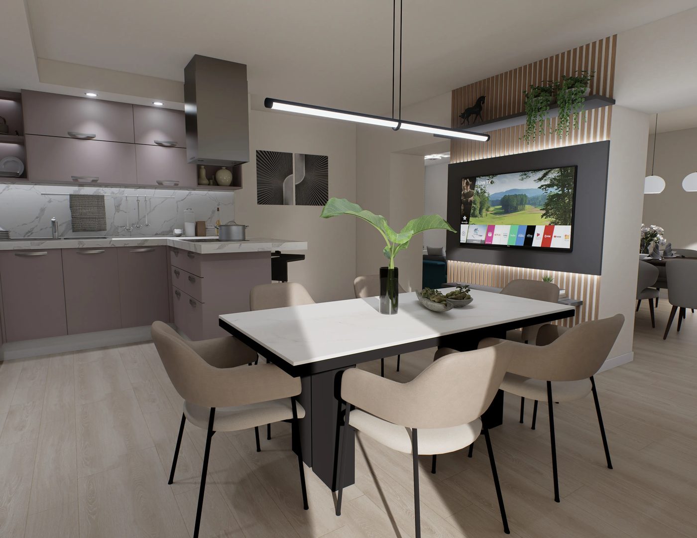 Render open space cucina e zona pranzo con parete TV