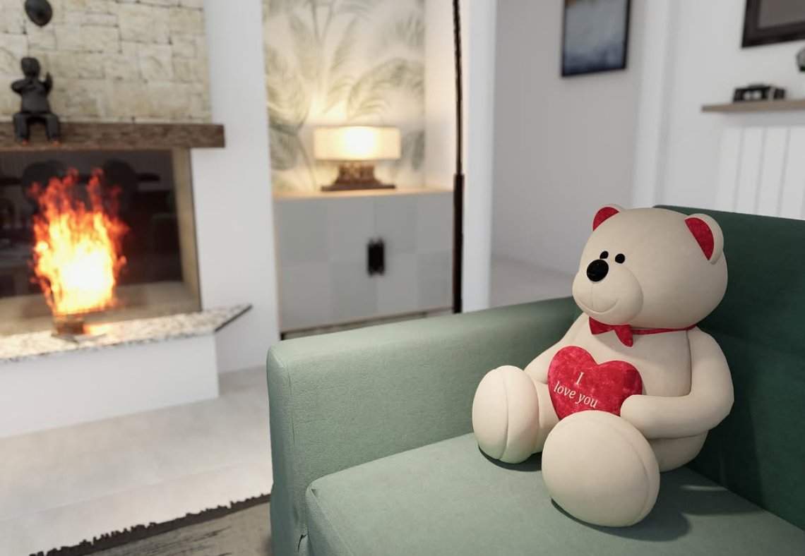 Render soggiorno con camino