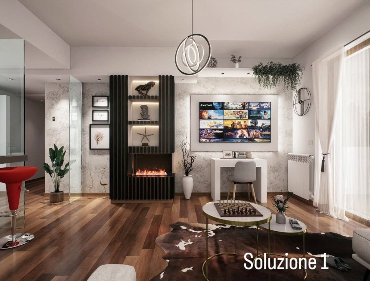 Render soggiorno con parete attrezzata e camino
